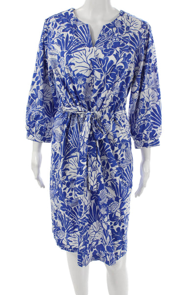 J. Mclaughlin Womens Shift Dress Blue V-Neck 3/4 Sleeve Knee Length Size L