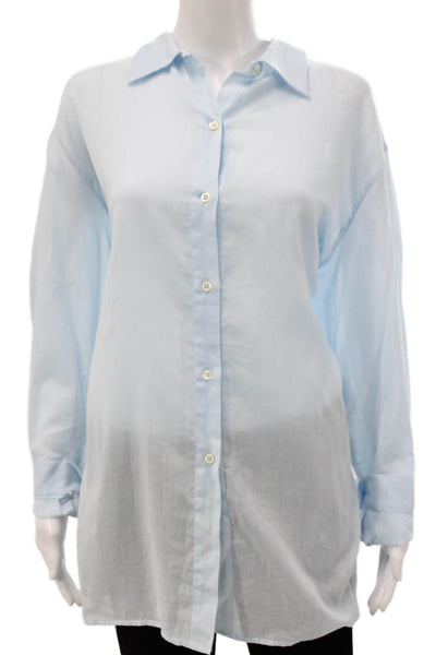 Manuel Canovas Women Collared Cotton Button Up Blouse Long Sleeve Blue Size L
