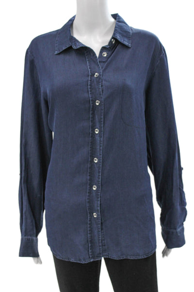 Renuar Women Collared Long Sleeve Button Up Basic Blue Tencel Lyocell Size XL