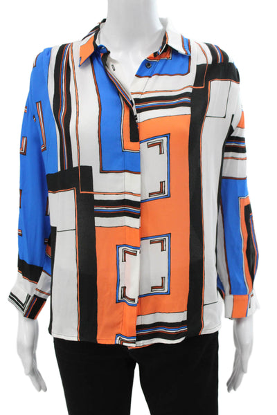 Designer Women Collared Geometric Viscose Button-Up Long Sleeve Top Size 42