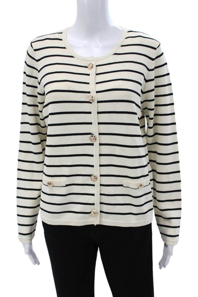 Renuar Womens White Striped Viscose Cardigan Round Neck Long Sleeve Size M