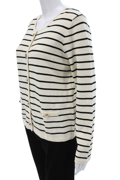 Renuar Womens White Striped Viscose Cardigan Round Neck Long Sleeve Size M