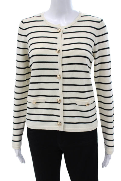 Renuar Women Cardigan Black Striped Viscose Long Sleeve Round Neck Size XS