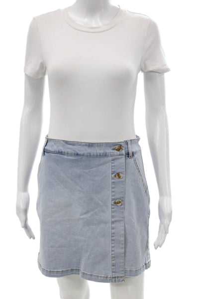 Renuar Women A-Line Skirt Blue Cotton Solid Petite Size S