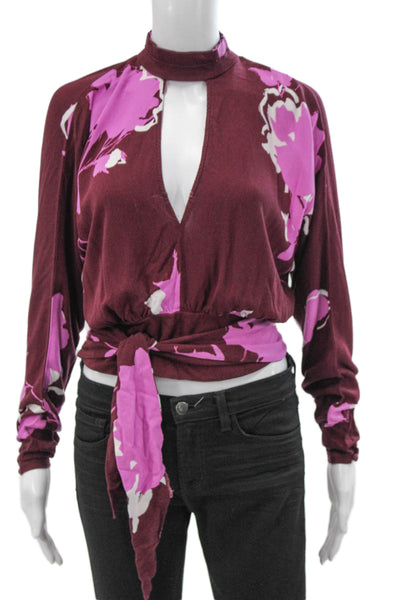 Free People Women Multicolor Knit Floral Mockneck Long Sleeve Blouse Size XS