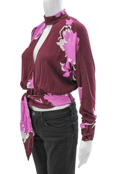 Free People Women Multicolor Knit Floral Mockneck Long Sleeve Blouse Size XS