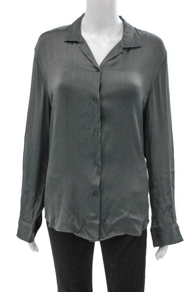 Zara Women Basic Collared Button-Up Blouse Gray Poly Blend Long Sleeve Size XL