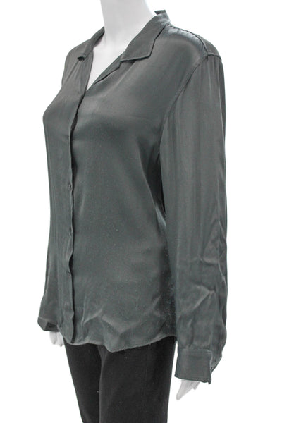 Zara Women Basic Collared Button-Up Blouse Gray Poly Blend Long Sleeve Size XL