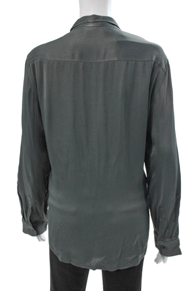 Zara Women Basic Collared Button-Up Blouse Gray Poly Blend Long Sleeve Size XL