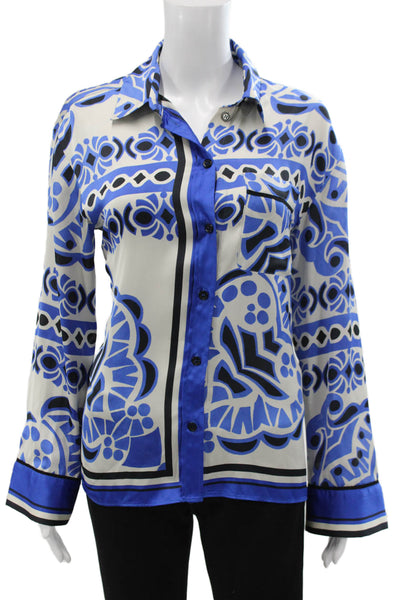 Zara Women Basic Silk Collared Geometric Long Sleeve Blouse Blue Size M