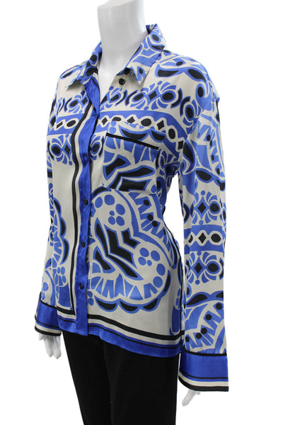 Zara Women Basic Silk Collared Geometric Long Sleeve Blouse Blue Size M