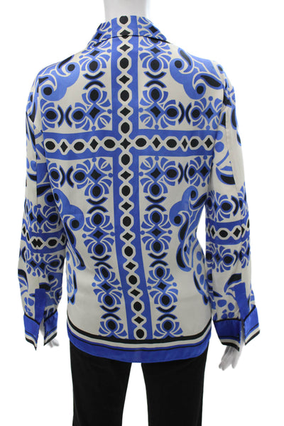 Zara Women Basic Silk Collared Geometric Long Sleeve Blouse Blue Size M