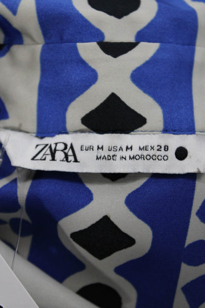 Zara Women Basic Silk Collared Geometric Long Sleeve Blouse Blue Size M