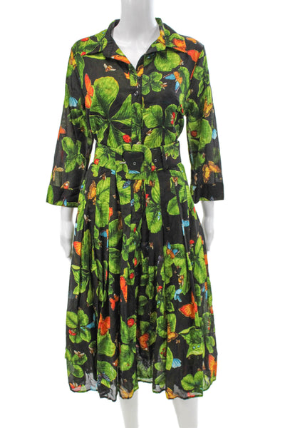 Samantha Sung Womens Shirt Dress Black Cotton Collared 3/4 Sleeve Midi Size 12