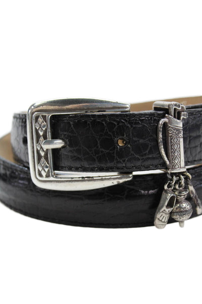Brighton Womens Leather Crocodile Print Silver Tone Belt Black Size Small