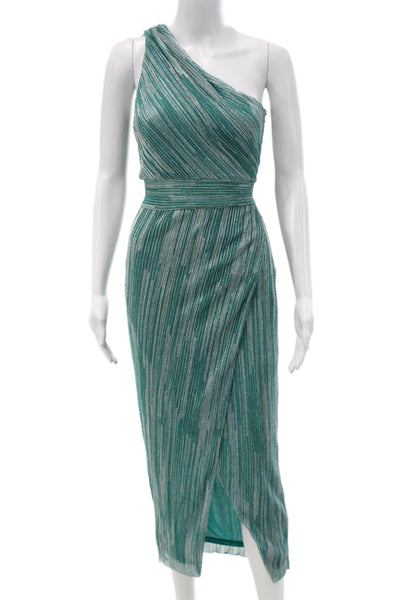Saylor Womens Wrap Dress Green Striped One Shoulder Midi Sleeveless Zip Size M