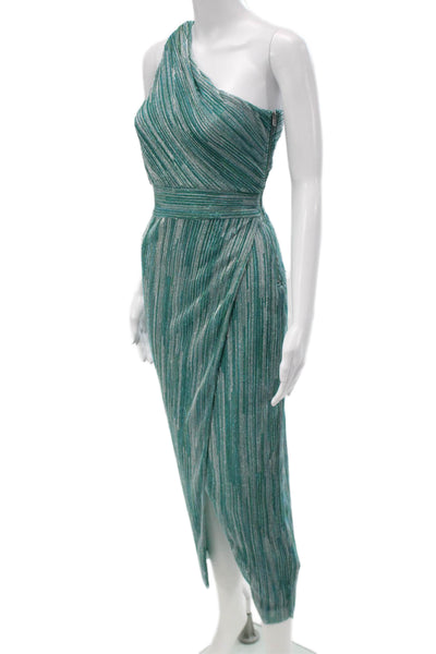 Saylor Womens Wrap Dress Green Striped One Shoulder Midi Sleeveless Zip Size M