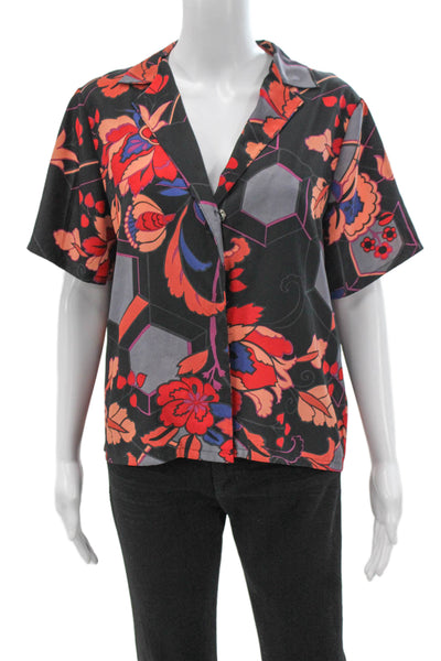 Muze Womens Black Floral Collared Short Sleeve Button-Up Top Size 8