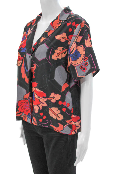 Muze Womens Black Floral Collared Short Sleeve Button-Up Top Size 8