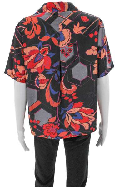 Muze Womens Black Floral Collared Short Sleeve Button-Up Top Size 8