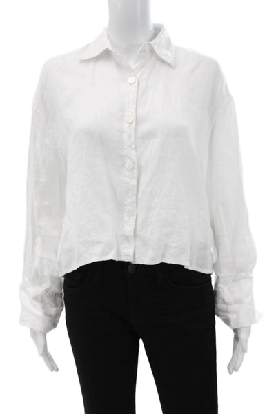 Zara Women Basic Linen Collared Long Sleeve Button-Up White Size XS