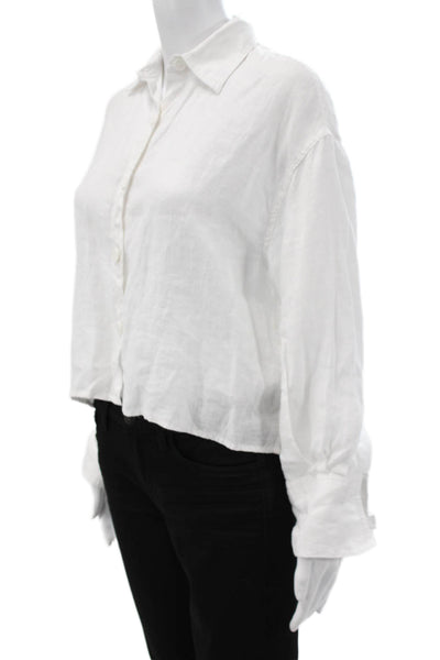 Zara Women Basic Linen Collared Long Sleeve Button-Up White Size XS