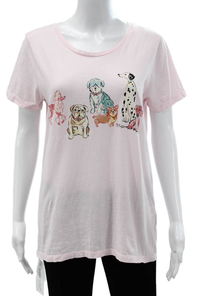 J Crew Women Basic Pink Cotton Scoop Neck Animal Print Dogs T-Shirt Size M