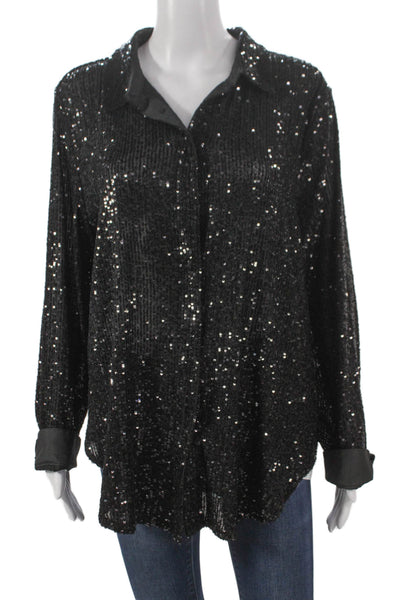 Halogen Women Basic Collared Button-Up Long Sleeve Black Top Size L