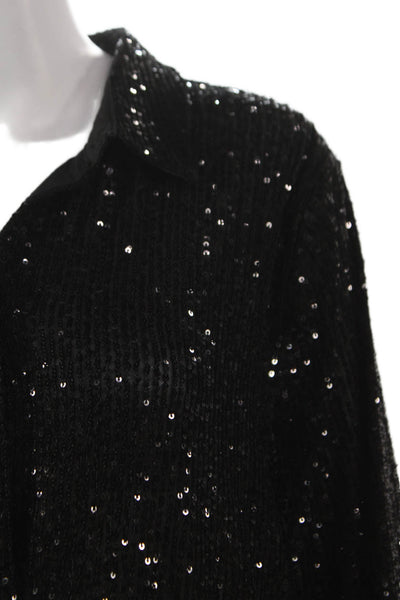 Halogen Women Basic Collared Button-Up Long Sleeve Black Top Size L