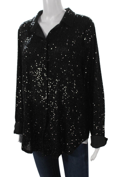 Halogen Women Basic Collared Button-Up Long Sleeve Black Top Size L