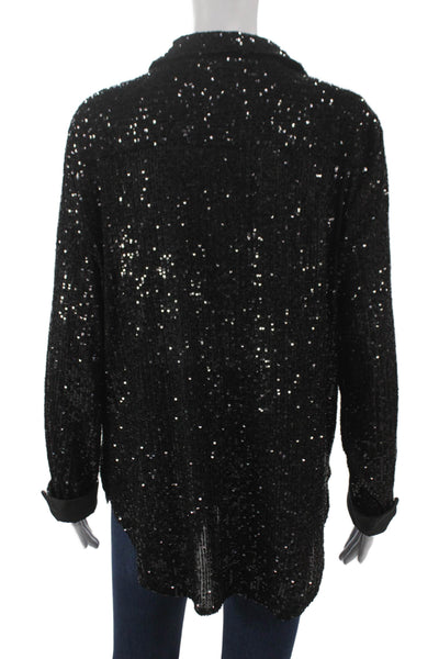 Halogen Women Basic Collared Button-Up Long Sleeve Black Top Size L