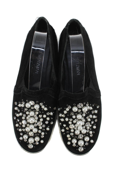 Stuart Weitzman Women's Beaded Embellish Velvet Slip-On Shoes Black Size 9.5