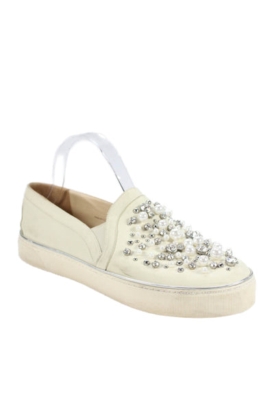 Stuart Weitzman Women's Bead Embellish Leather Slip-On Shoes White Size 9.5