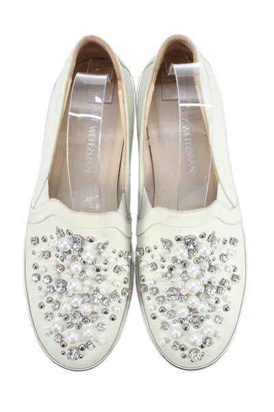 Stuart Weitzman Women's Bead Embellish Leather Slip-On Shoes White Size 9.5