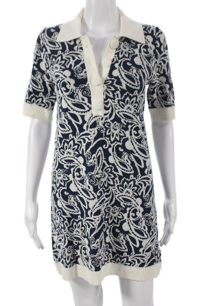 Ramy Brook Women Sweater Dress Blue Collared Short Sleeve Floral Size S