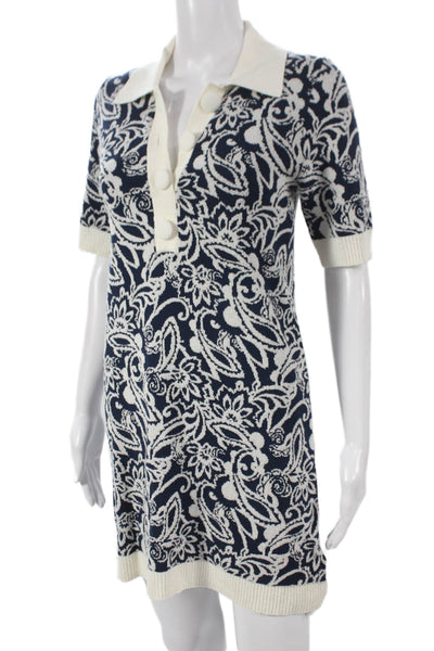Ramy Brook Women Sweater Dress Blue Collared Short Sleeve Floral Size S