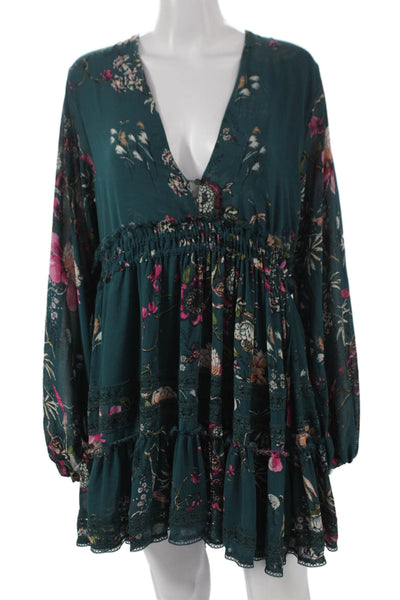 Free People Women Fit & Flare Green Floral V Neck Long Sleeve Dress Size XS