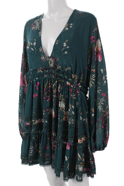 Free People Women Fit & Flare Green Floral V Neck Long Sleeve Dress Size XS