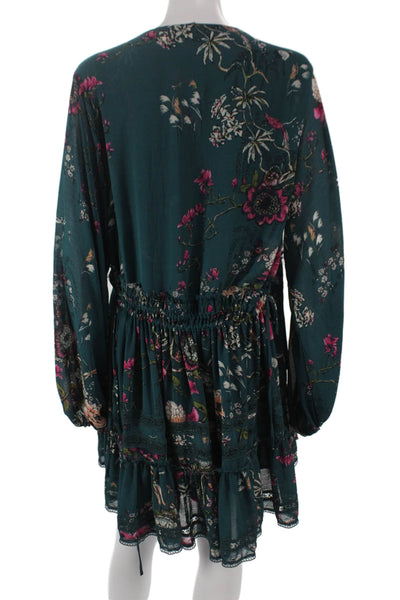 Free People Women Fit & Flare Green Floral V Neck Long Sleeve Dress Size XS
