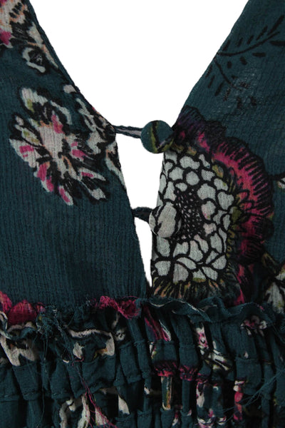 Free People Women Fit & Flare Green Floral V Neck Long Sleeve Dress Size XS