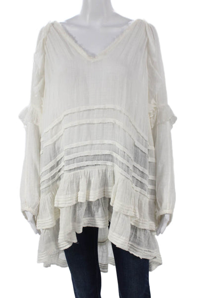 FP One by Free People Women Tunic V-Neck Long Sleeve White Cotton Size S Petite