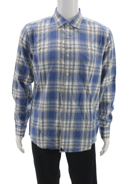 Untuckit Mens Long Sleeve Button Front Collared Plaid Shirt Blue White Large