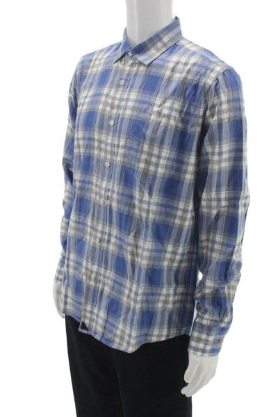Untuckit Mens Long Sleeve Button Front Collared Plaid Shirt Blue White Large