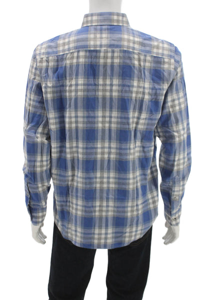 Untuckit Mens Long Sleeve Button Front Collared Plaid Shirt Blue White Large