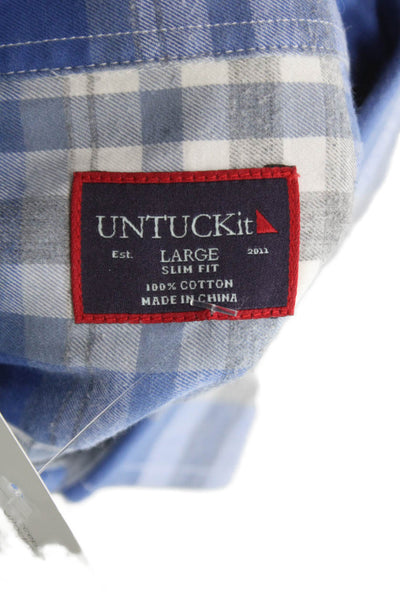 Untuckit Mens Long Sleeve Button Front Collared Plaid Shirt Blue White Large
