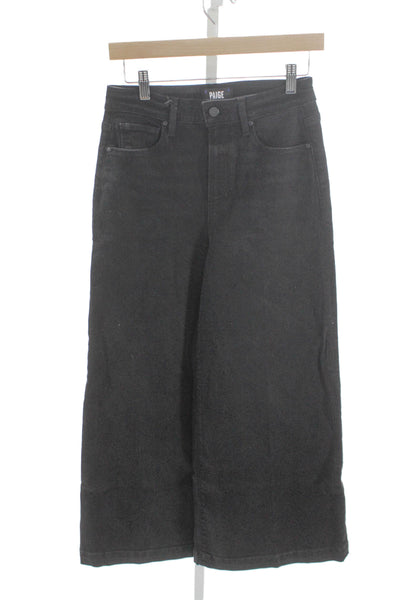 Paige Womens Wide Leg Jeans Black Mid Rise Button Cotton Inseam 27 Size 26