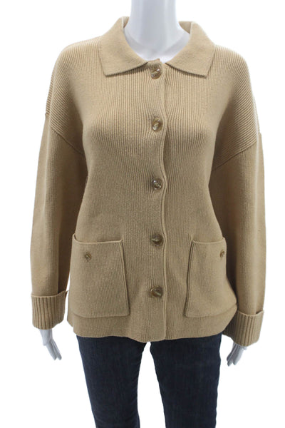Central Park West Womens Cardigan Beige Collared Long Sleeve Size XS