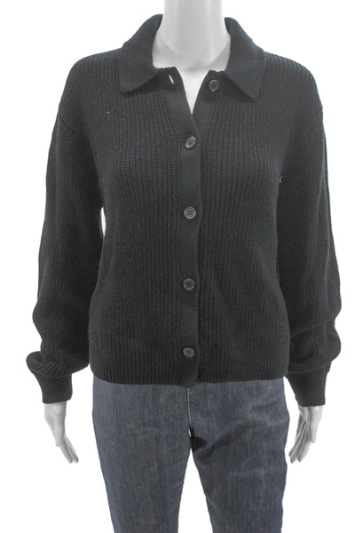 Stitches + Stripes Women Cardigan Black Collared 100% Cotton Long Sleeve Size M