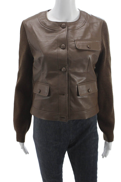 Central Park West Womens Basic Jacket Brown PU Button Long Sleeve Size M