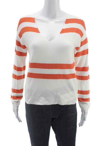 LNA Women Pullover Sweater White V Neck Striped Long Sleeve Size S